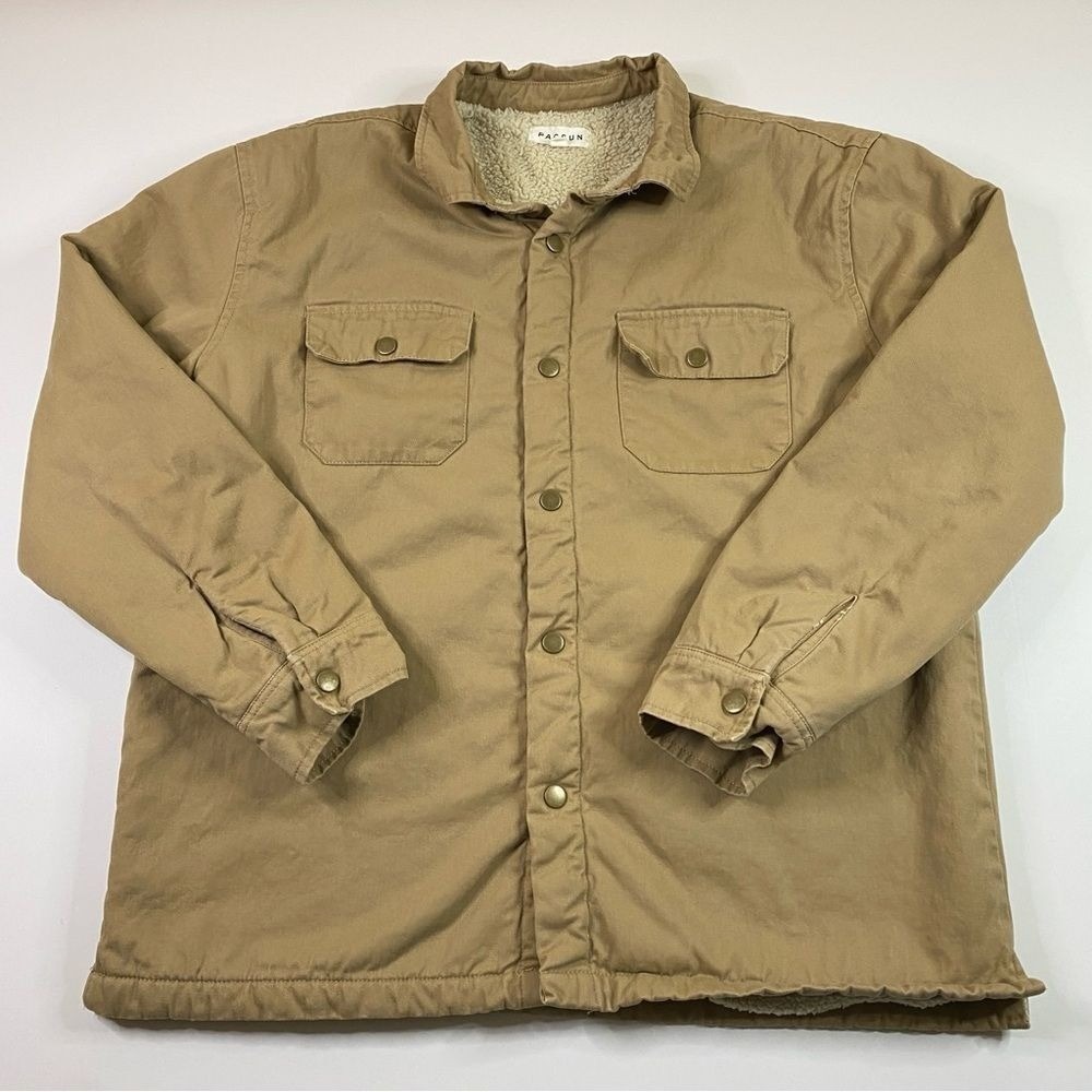 Pacsun Shacket Mens M Tan Canvas Sherpa Lined Shirt‎ Jacket Chest Pockets Barn